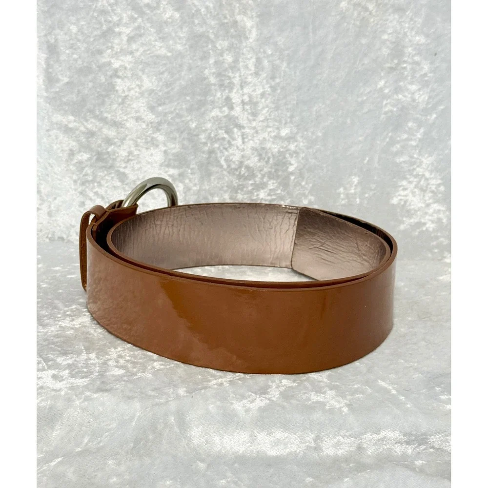 Michael Kors Womens Lug Brown Patent Leather Wide Belt Silver Buckle Med NWT